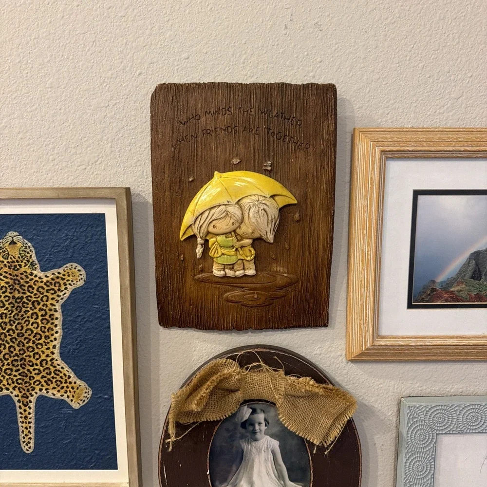 Vintage Handmade Friendship Wall Plaque Boy & Girl Under Yellow Umbrella